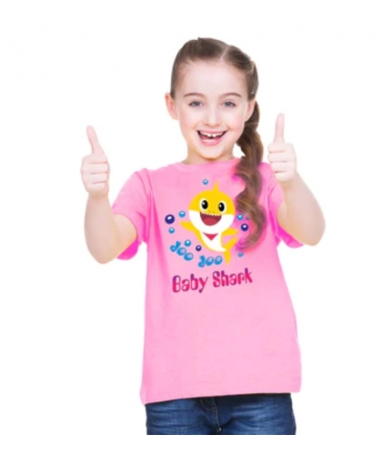 Girls Cotton Baby Shark Half Sleeve TShirt (Pink)