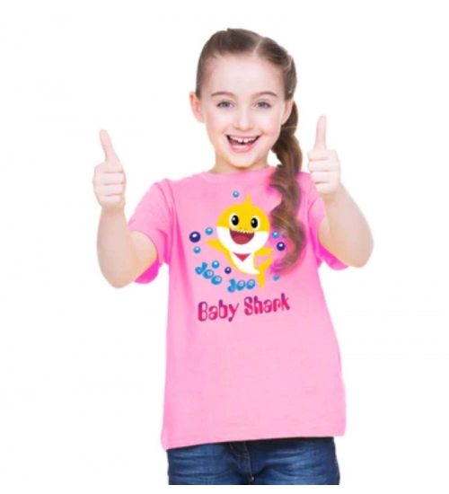 Girls Cotton Baby Shark Half Sleeve TShirt (Pink)