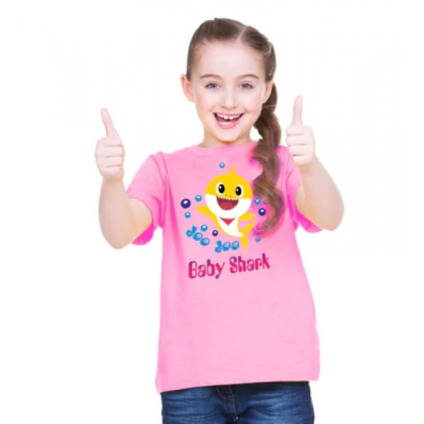Dropship Girls Cotton Baby Shark Half Sleeve TShirt (Pink)