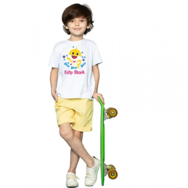 Dropship Boys Cotton Baby Shark Half Sleeve TShirt (White)