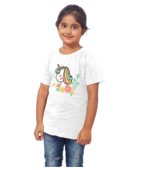 Girls Cotton Unicorn Face Half Sleeve TShirt (White)