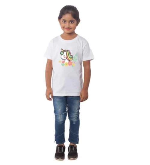 Girls Cotton Unicorn Face Half Sleeve TShirt (White)