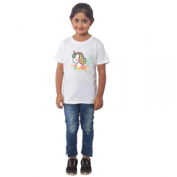 Dropship Girls Cotton Unicorn Face Half Sleeve TShirt (White)