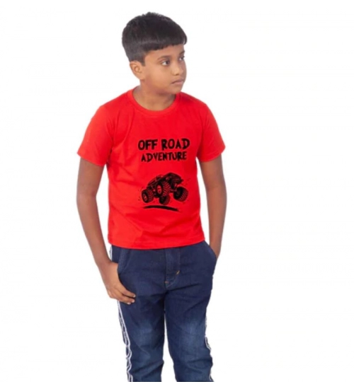 Boys Cotton Off Road Adventure Half Sleeve TShirt (Red)