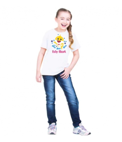 Girls Cotton Baby Shark Half Sleeve TShirt (White)