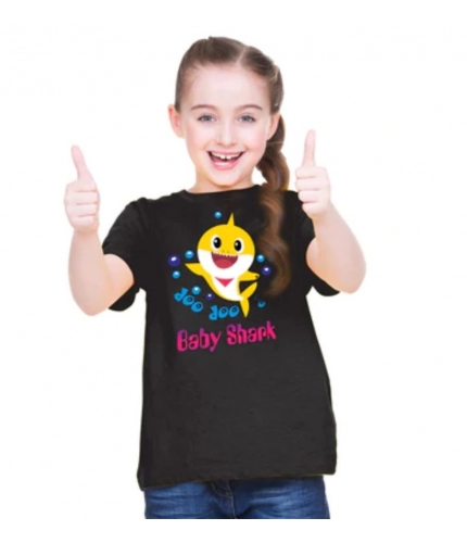 Girls Cotton Baby Shark Half Sleeve TShirt (Black)