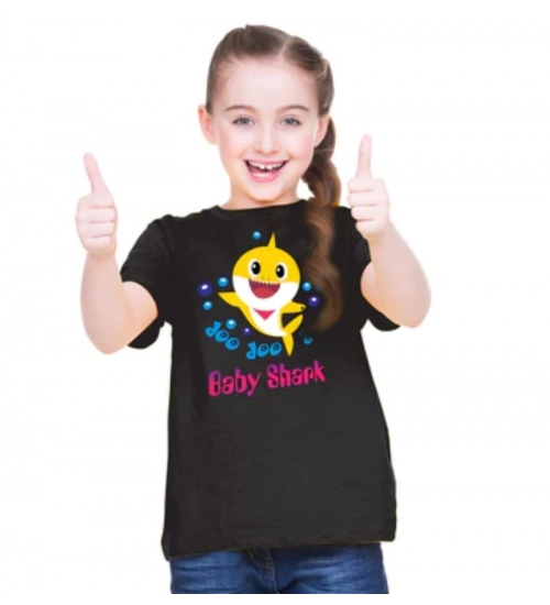 Girls Cotton Baby Shark Half Sleeve TShirt (Black)