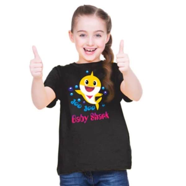 Dropship Girls Cotton Baby Shark Half Sleeve TShirt (Black)