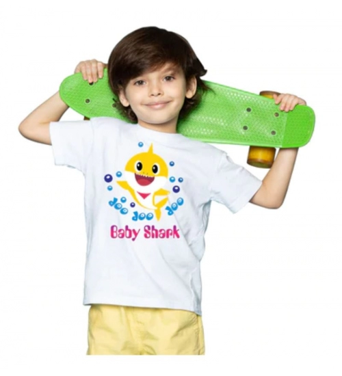 Boys Cotton Baby Shark Half Sleeve TShirt (White)