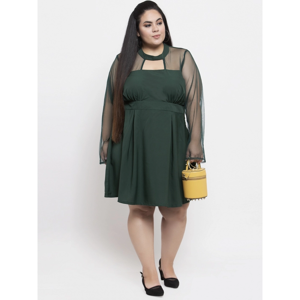 Generic Women's Crepe Solid Knee Length Fit and Flare Dress (Green)