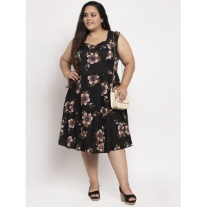Generic Women's Crepe Printed Knee Length Fit and Flare Dress (Black)