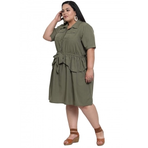 Generic Women's Crepe Solid Knee Length Fit and Flare Dress (Olive Green)
