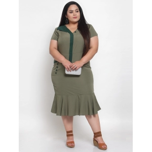 Generic Women's Crepe Solid Knee Length Fit and Flare Dress (Olive Green)