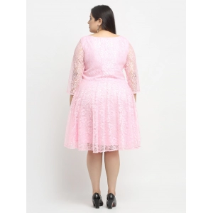 Generic Women's Net Solid Knee Length Fit and Flare Dress (Pink)