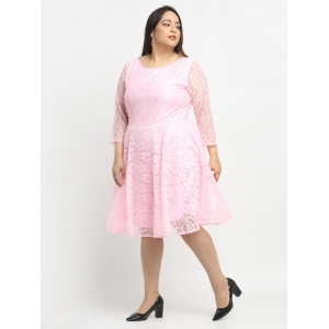 Generic Women's Net Solid Knee Length Fit and Flare Dress (Pink)