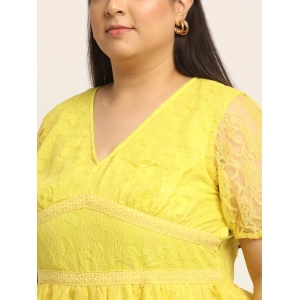 Generic Women's Net Solid Knee Length Fit and Flare Dress (Yellow)