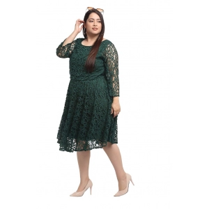 Generic Women's Net Solid Knee Length Fit and Flare Dress (Botal Green)