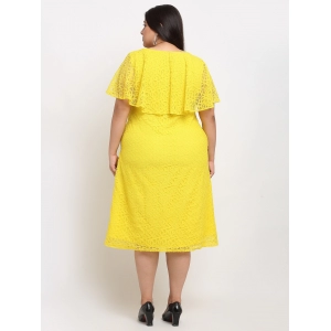 Generic Women's Net Solid Knee Length Fit and Flare Dress (Yellow)