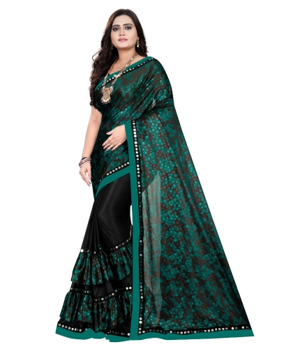 Women's Lycra Blend Saree with Blouse (Green, 5-6 Mtrs)