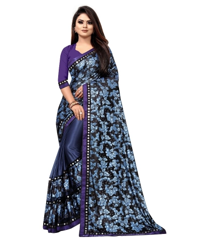 Women's Lycra Blend Saree with Blouse (Blue, 5-6 Mtrs)
