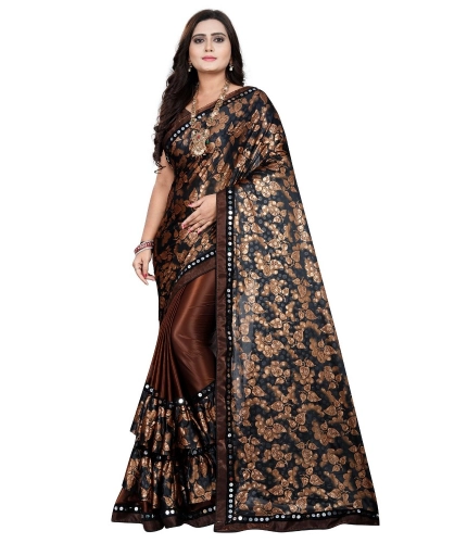 Women's Lycra Blend Saree with Blouse (Coffee, 5-6 Mtrs)