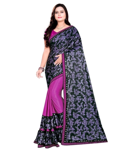 Women's Lycra Blend Saree with Blouse (Purple, 5-6 Mtrs)