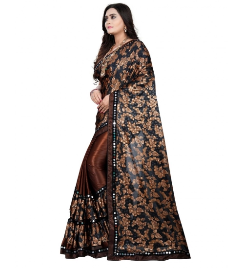 Women's Lycra Blend Saree with Blouse (Coffee, 5-6 Mtrs)
