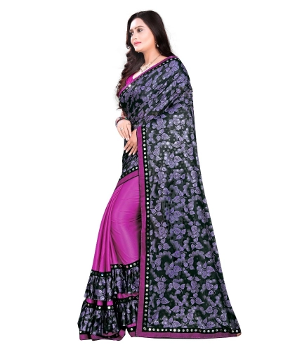 Women's Lycra Blend Saree with Blouse (Purple, 5-6 Mtrs)