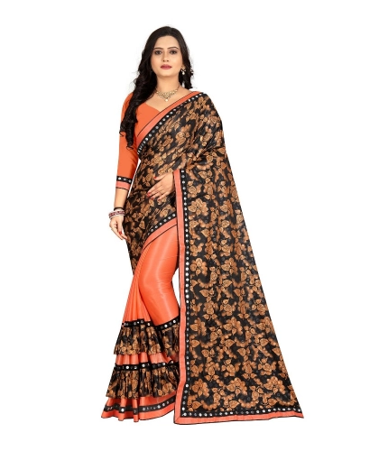 Women's Lycra Blend Saree with Blouse (Orange, 5-6 Mtrs)