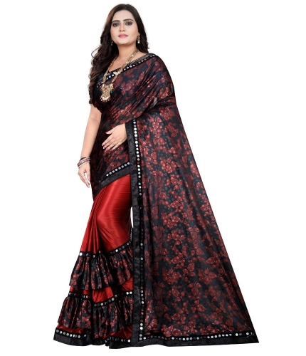 Women's Lycra Blend Saree with Blouse (Red, 5-6 Mtrs)