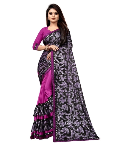 Women's Lycra Blend Saree with Blouse (Purple, 5-6 Mtrs)