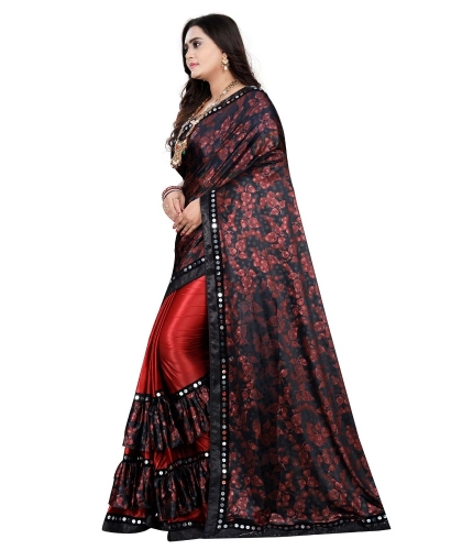 Women's Lycra Blend Saree with Blouse (Red, 5-6 Mtrs)