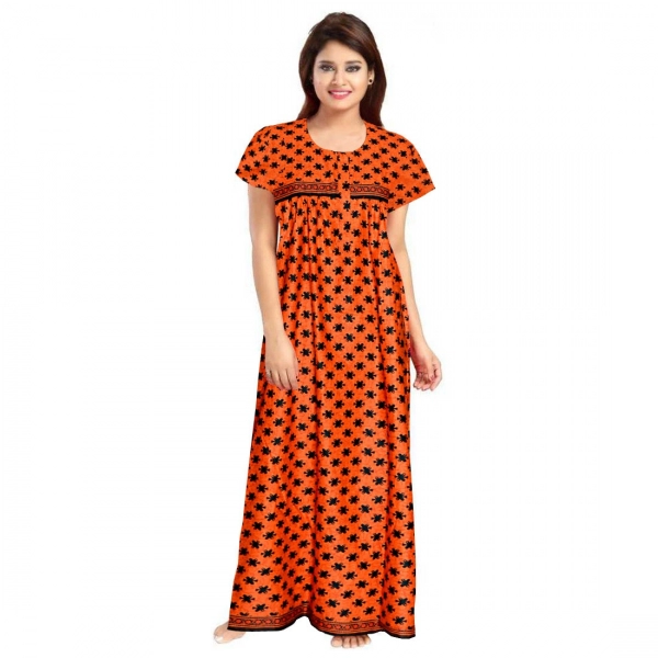 Dropship Women's Cotton Printed Maxi Nighty (Orange)