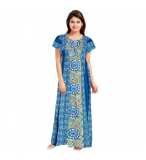 Women's Cotton Printed Maxi Nighty (Blue)