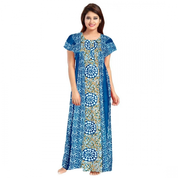 Dropship Women's Cotton Printed Maxi Nighty (Blue)