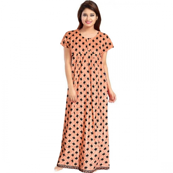 Dropship Women's Cotton Printed Maxi Nighty (Peach)