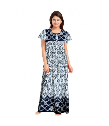 Women's Cotton Printed Maxi Nighty (Navy Blue)