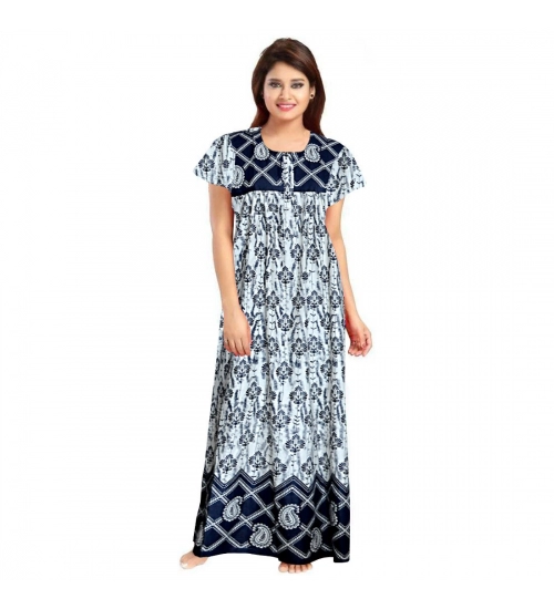 Women's Cotton Printed Maxi Nighty (Navy Blue)