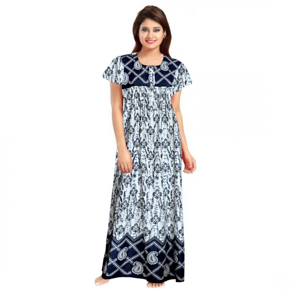 Dropship Women's Cotton Printed Maxi Nighty (Navy Blue)