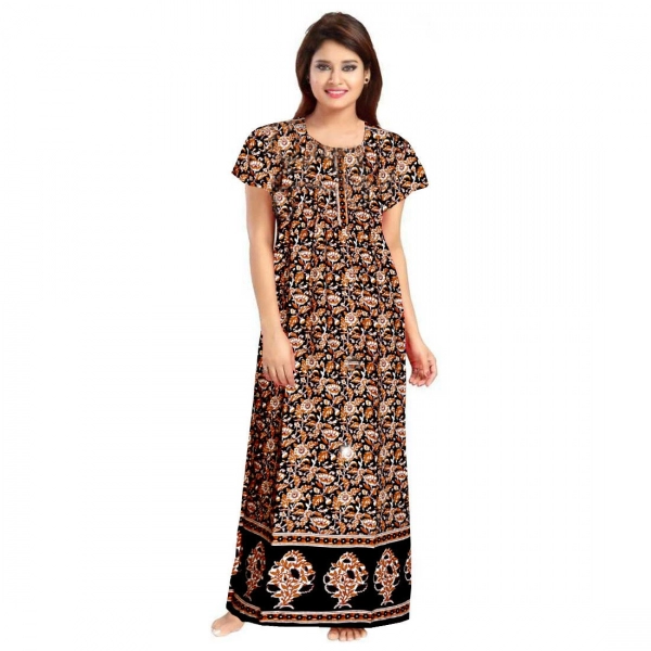 Dropship Women's Cotton Printed Maxi Nighty (Brown)