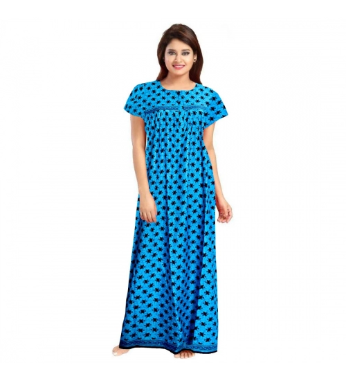 Women's Cotton Printed Maxi Nighty (Aqua Blue)