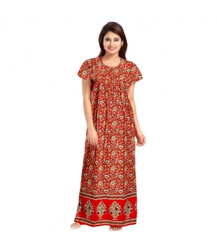 Women's Cotton Printed Maxi Nighty (Red)