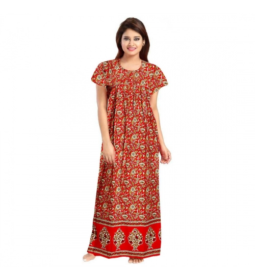 Women's Cotton Printed Maxi Nighty (Red)