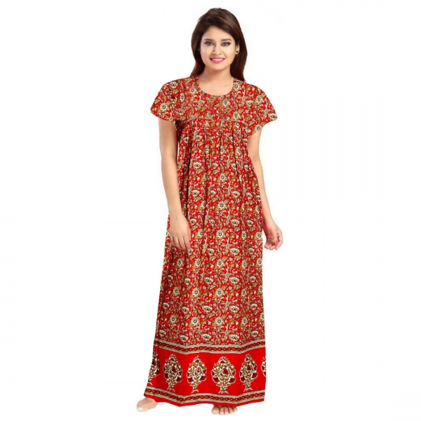 Dropship Women's Cotton Printed Maxi Nighty (Red)