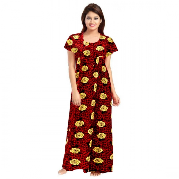 Dropship Women's Cotton Printed Maxi Nighty (Maroon)