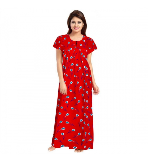 Women's Cotton Printed Maxi Nighty (Red)