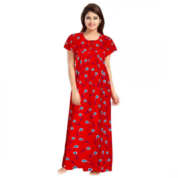 Dropship Women's Cotton Printed Maxi Nighty (Red)