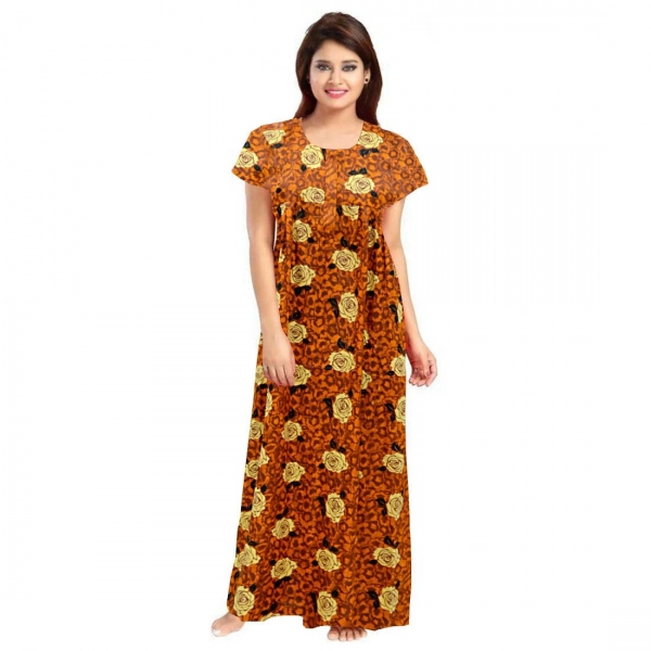 Dropship Women's Cotton Printed Maxi Nighty (Mustard)