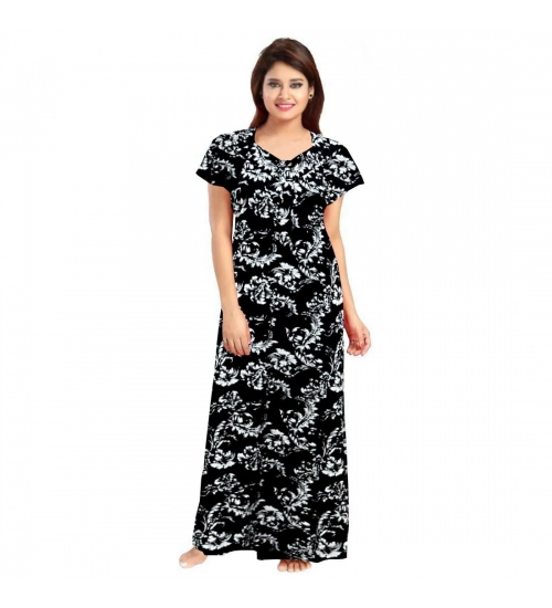 Women's Cotton Printed Maxi Nighty (Black)