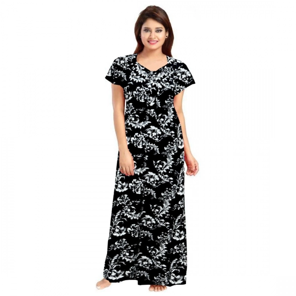 Dropship Women's Cotton Printed Maxi Nighty (Black)